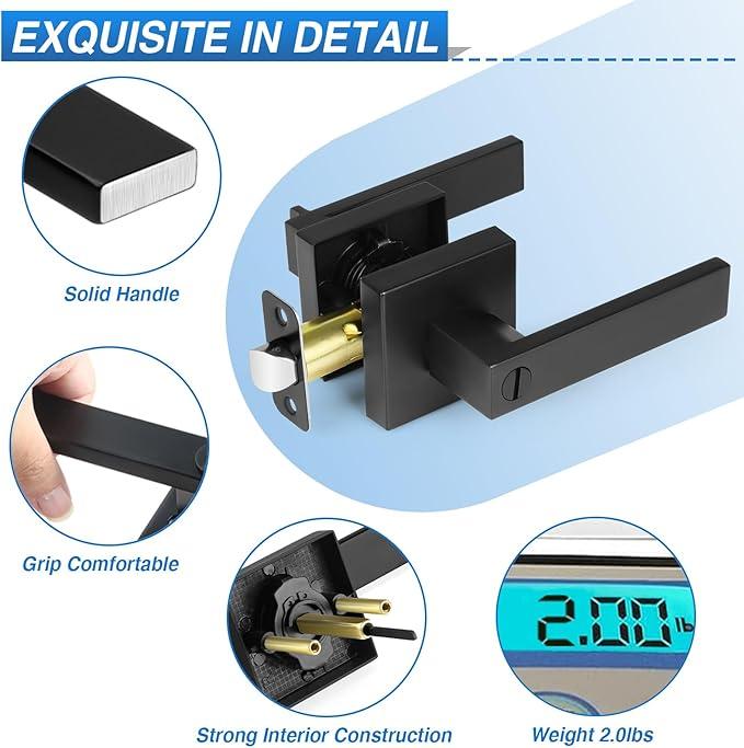 6 Pack Matte Black Door Handles, Keyless Interior Door Knobs, Privacy Door Lever Locksets for Bedroom Bathroom, Heavy Duty Square Door Lock (2.0lb), Reversible for Left&Right Handled Doors