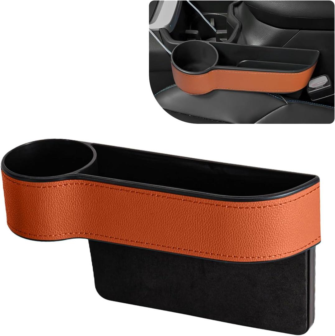 Car Seat Gap Filler Organizer, Car Console Side Storage Box with Cup Holder, Auto Front Seat Organizer for Phones Glasses Keys Cards, Essentials Interior Car Accessories (Brown, Driver)