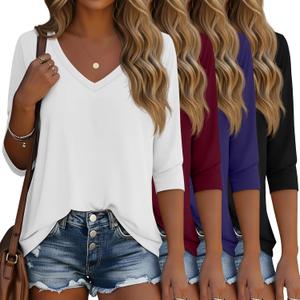 Ficerd 4 Pack Women's 3/4 Sleeve T Shirts, V Neck Casual Tunic Tops Loose Fit Cotton Basic Shirts Solid Color Fashion Tees (Medium, Black, White, Blue, Red)