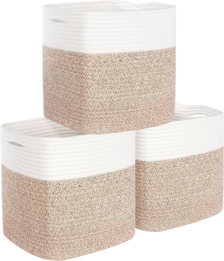 MINTWOOD Design 3-Pack 11x11in Woven Cube Storage Bin and Shelf Baskets, Cute Decorative Square Organizer for Closet, Classroom, Bathroom, Dog and Cat Toys, and Books, Light Brown
