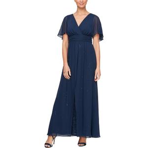 S.L. Fashions Women's Long V-Neck Flutter Sleeve A-line Dress (18)