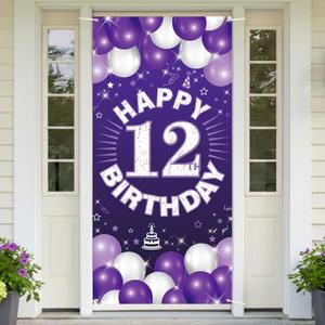 Happy 12th Birthday Decorations for Girls, Purple Fabric Banner Backdrop for 12 Year Old Birthday Party, Yard Sign Style Door Decor, Photo Backdrop for Indoor or Outdoor Use PHXEY