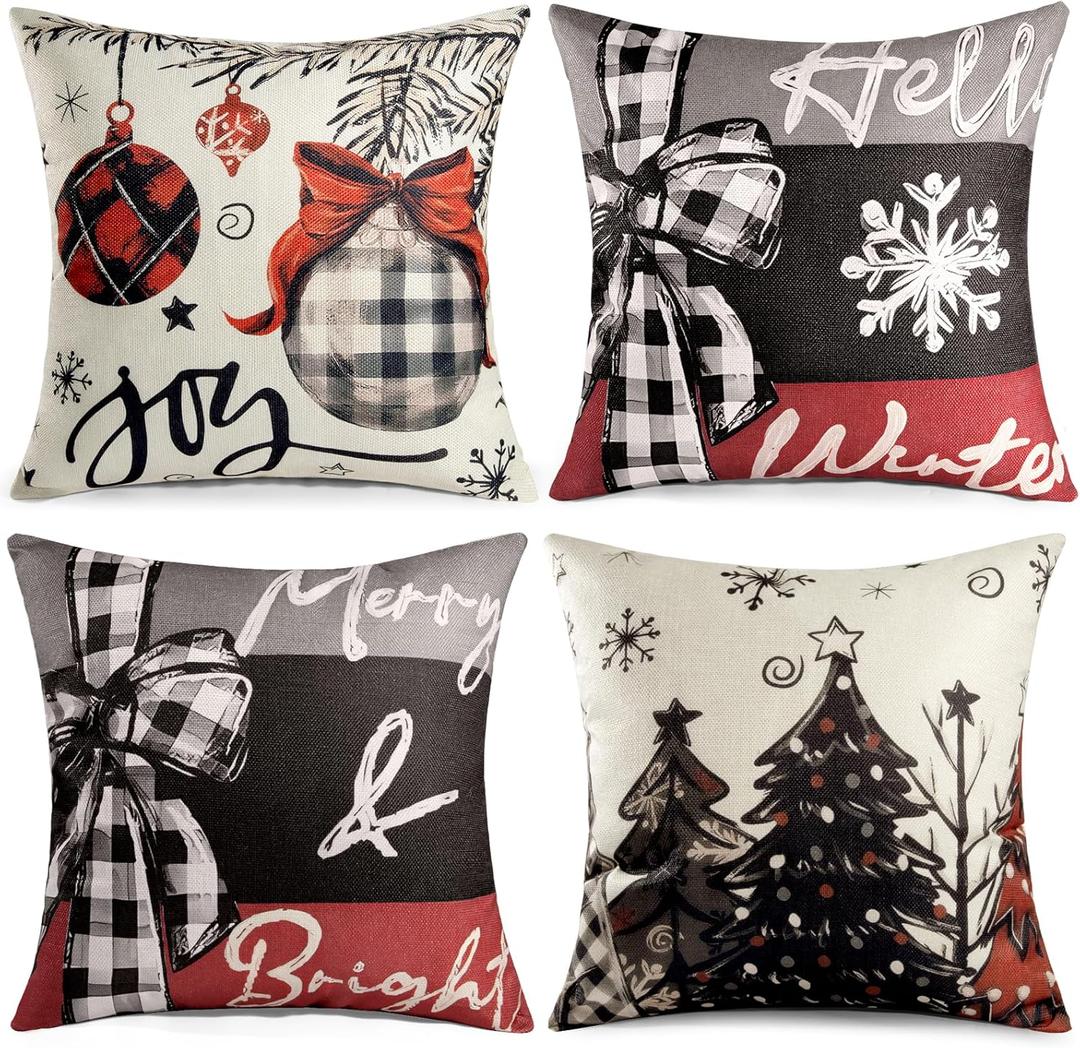 CASAJOY Christmas Pillow Covers 18×18 Inch Set of 4, Christmas Trees Winter Holiday Throw Pillow Covers Decorations for Sofa Couch (Red and Black)