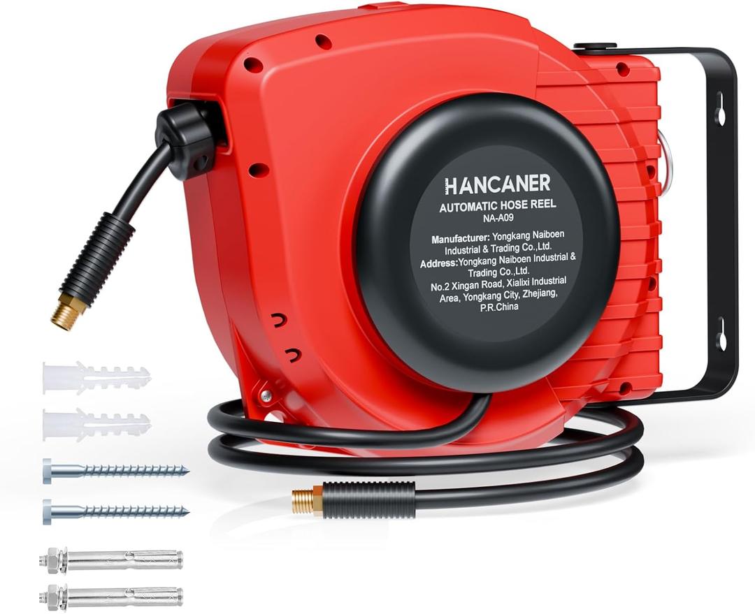 Hancaner Retractable Air Hose Reel, 1/4" x 50 FT Hybrid Air Hose Max 350 PSI, Air Compressor Hose Reel with 5 FT Lead in, 180 Swivel Mount