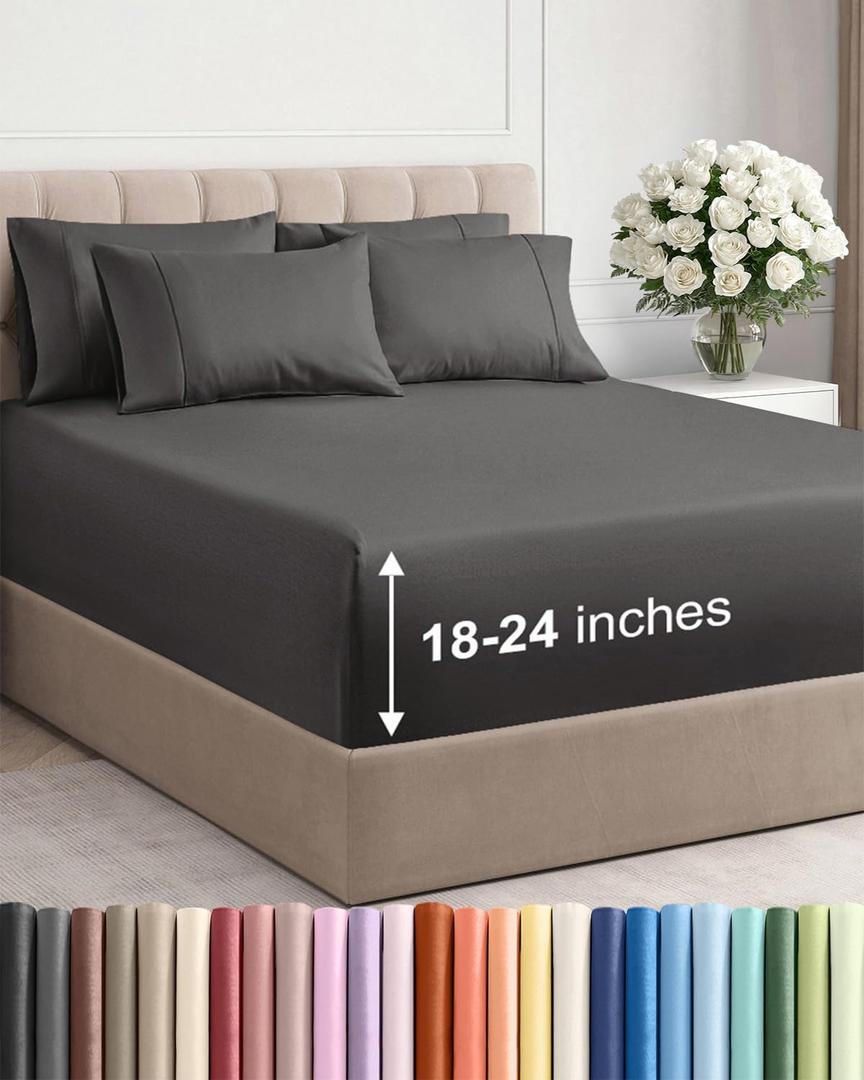 Extra Deep Queen Sheet Set - 6 Piece Breathable and Cooling Sheets - Hotel Luxury Bedding for Women, Men, Kids & Teens - Easy Secure Fit - Soft, Wrinkle Free and Comfy - Extra Deep Pockets - Charcoal