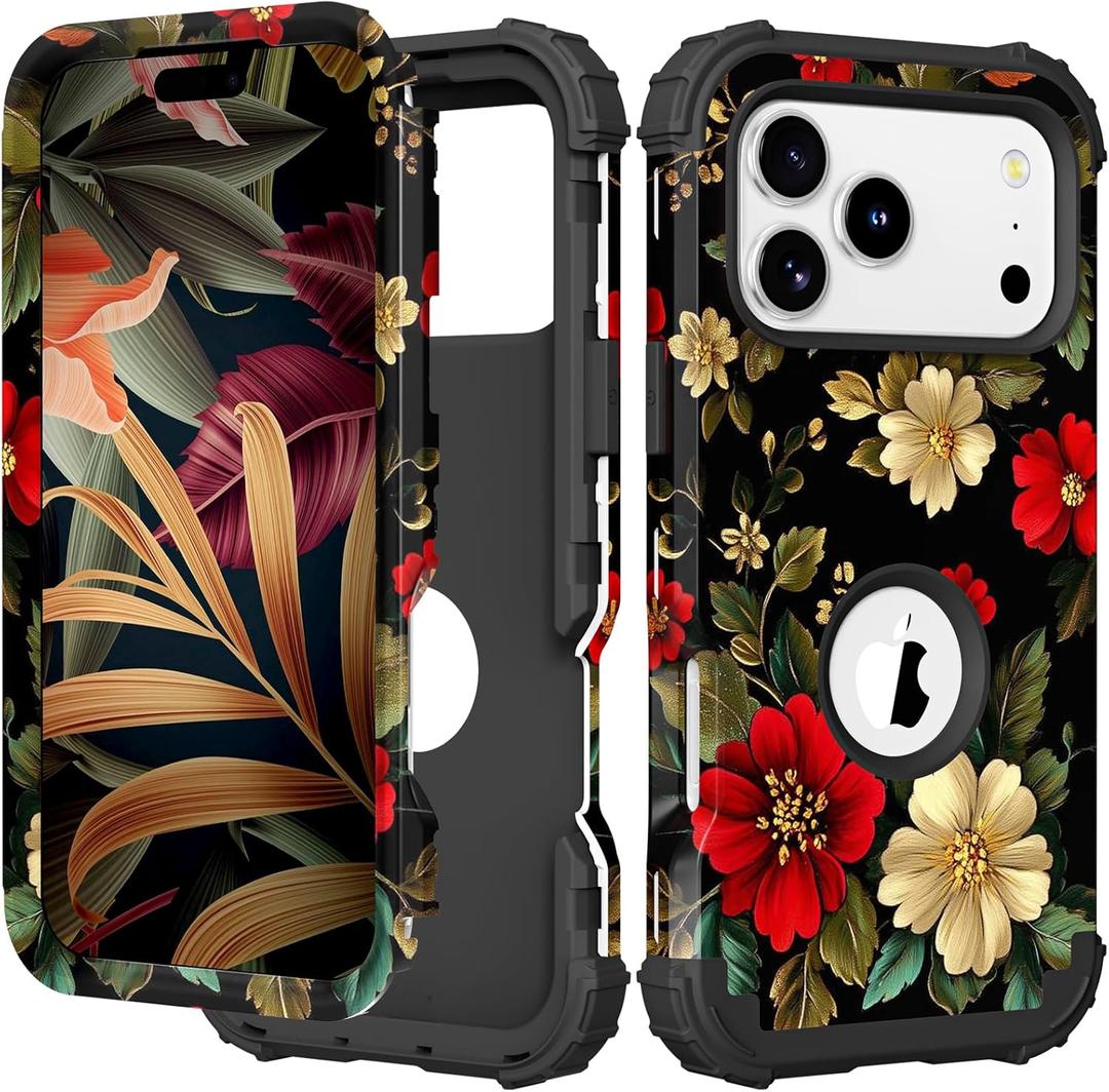 PIXIU Unique Flower Pattern Compatible with iPhone 17 Pro 6.3 inch case,Heavy Duty Dual Layer Shockproof Full-Body Protective Sturdy Hybrid Cute Rugged Case for Women,Girls,Kids-Black Peonies