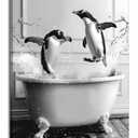 OIQArtOIQ Funny Bathroom Framed Wall Art Black and White Animal Canvas Wall Art Prints Penguin in Bathtub Pictures Wall Decor Modern Minimalist Humorous Artwork For Restroom