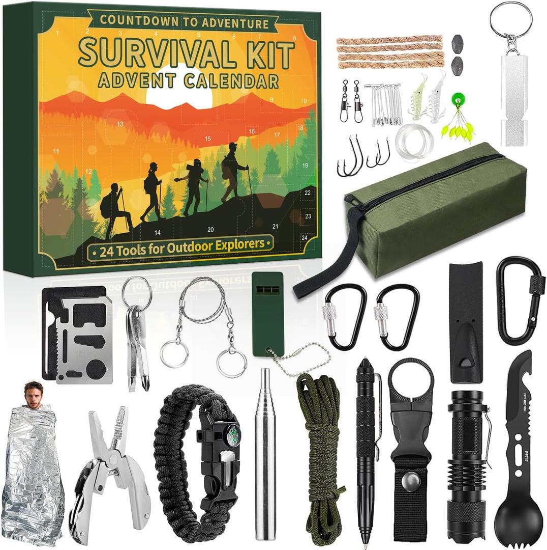 Survival Kit Tool Advent Calendar 2025 Adult Men, 24 Days Countdown to Christmas Calendar with Outdoor Gadgets Xmas Countdown Gifts for Teen Boys Husband Son