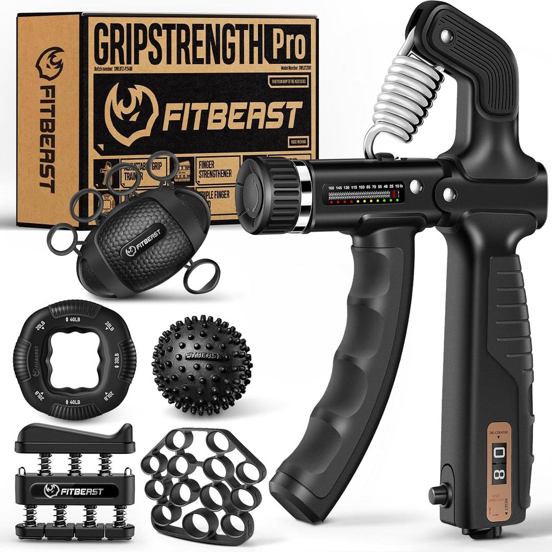 FitBeast Grip Strength Trainer, Hand Gripper Strengthener Kit - 6 Pack with Adjustable Resistance Forearm Strengthener, Forearm Exerciser and Massage Balls for Hand Therapy, Grip Training (Black)