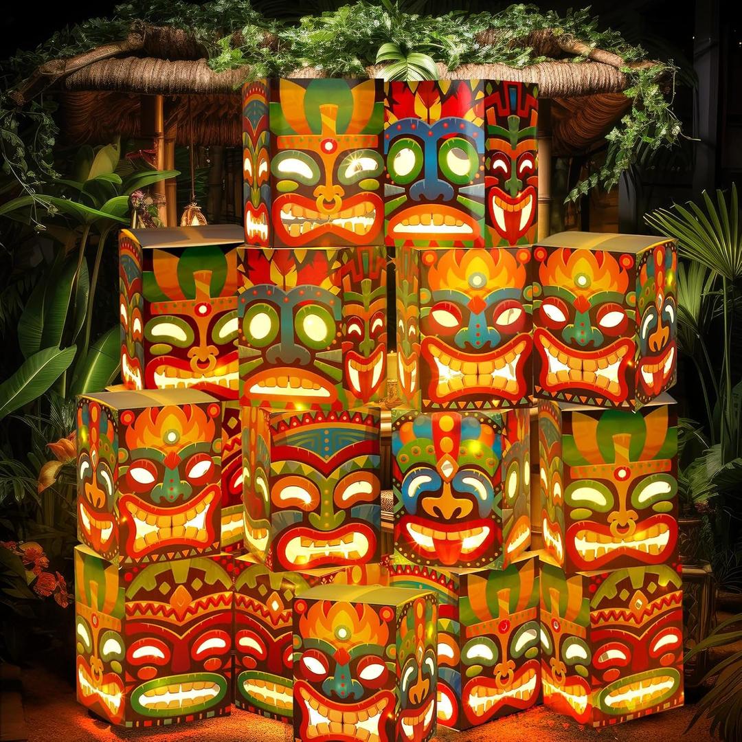Janlaugh 16 Pcs Tiki Totem Box Decor with Light, Luau Party Decorations for Hawaiian Birthday Party Tropical Aloha Decor 9.84" x 7.09" Tiki Lighted Gift Boxes for Garden Patio Porch Outdoor Decor