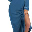 COLORFULLEAF Nightgowns for Women Long Sleeve V Neck Nightshirts Soft Full Length Sleepwear with Pockets (Medium, Dark Blue)