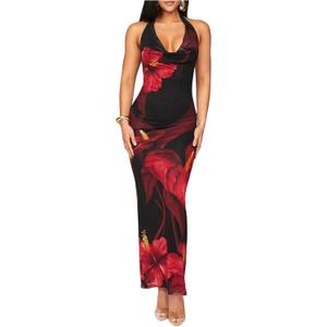 SHENHE Women's Sexy Floral Maxi Dress Halter Tie Backless Cowl Neck Bodycon Party Dress (Blue, S)