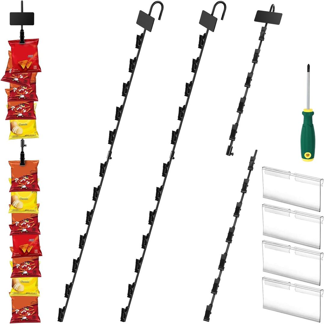 Hanging Merchandise Strips with Hooks, Pack of 4  31Chip Rack with 12 Clips, Chips Holder, Hanging Display Strip for Retail Displaying (Black)