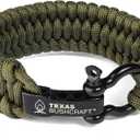Texas Bushcraft Firecraft Cord Survival Bracelet  Paracord Bracelet with Bow Shackle for Camping and Emergency  3 Extra Strands Include Wax Thread, Tinder, and Fishing Line (L (7-8" wrist), Army Green)