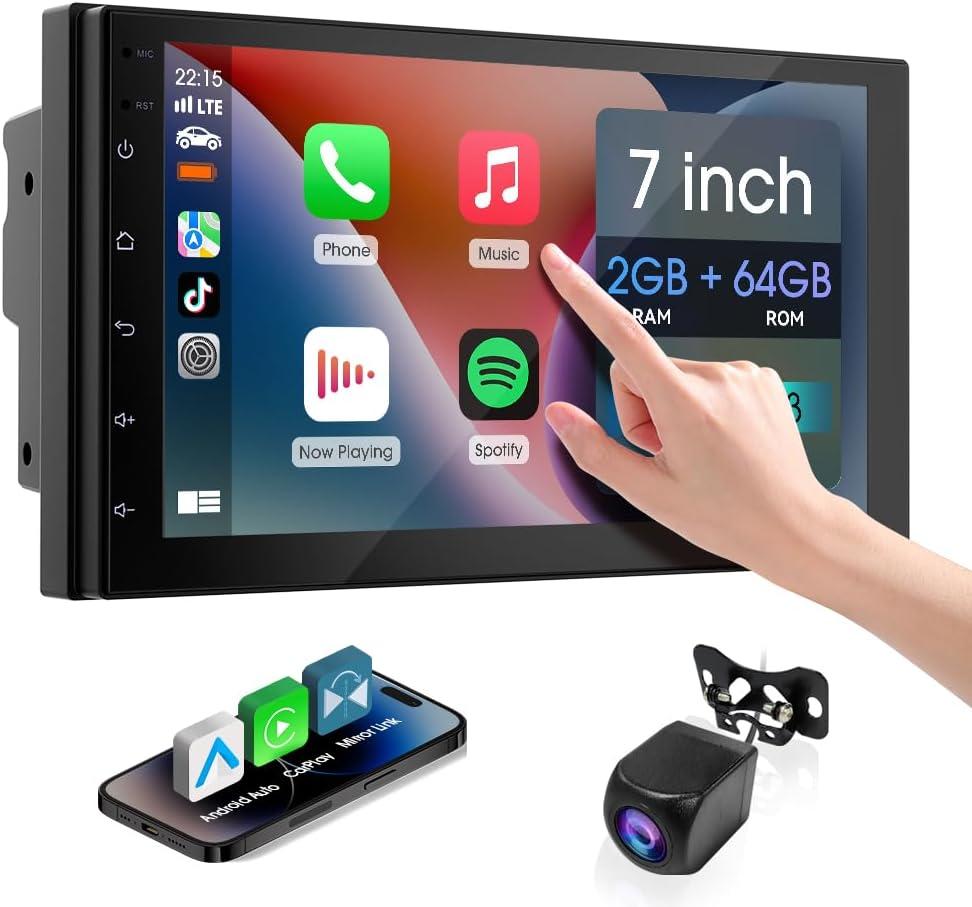 7 Inch Double Din Car Stereo,with Wireless Apple CarPlay and Android Auto Screen for Car,HD Touch Screen carplay Screen with 1080P Backup Camera,Mirror Link,AUX,FM/AM|Wireless 2 Din Car Radio