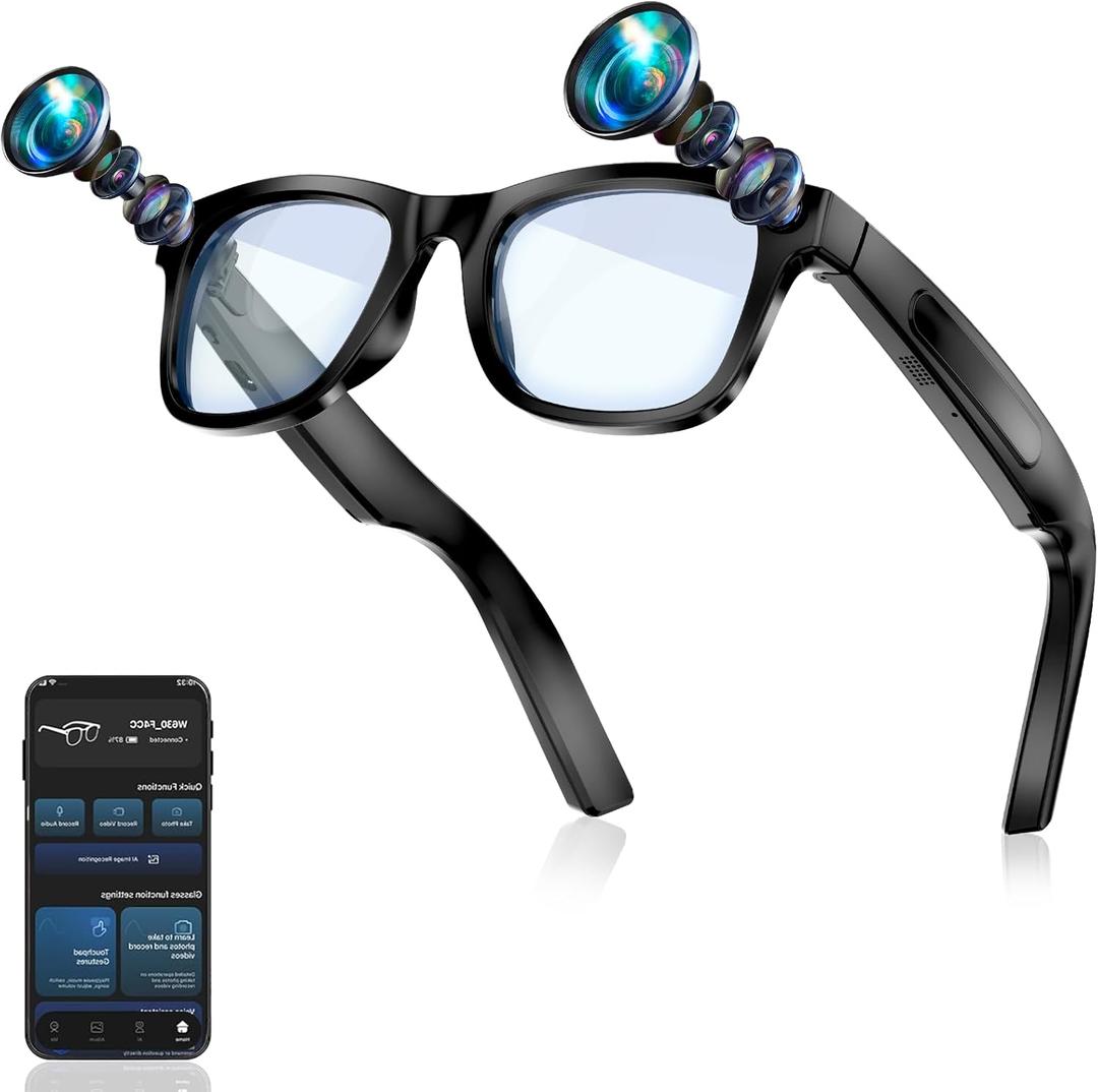 Upgraded AI Smart Glasses with Camera Dual 8MP Anti-Shake Camera 2K Photo 1080P HD Video Audio Recording AI Object Recognition Real Time Translation AI Assistant for Study Business Travel Conferences