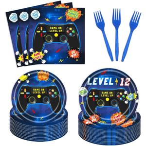 96PCS 12th Birthday Video Game Party Decorations, Boy Blue 12th Birthday Party Plates and Napkins Set For 24 Guests, 12th Video Game Decorations for Boys