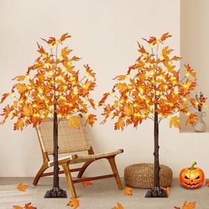 2 Pack 4FT Artificial Lighted Maple Tree, Fall Decorations for Home with Timer, 100 LED Prelit Fall Decor Maple Tree with Warm White Light for Indoor Outdoor Harvest Halloween Thanksgiving Day, Orange
