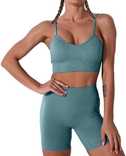 Women Seamless Yoga Set 2 Piece Workout Sport Bra with High Waist Shorts Legging Outfit Tracksuit, Size M