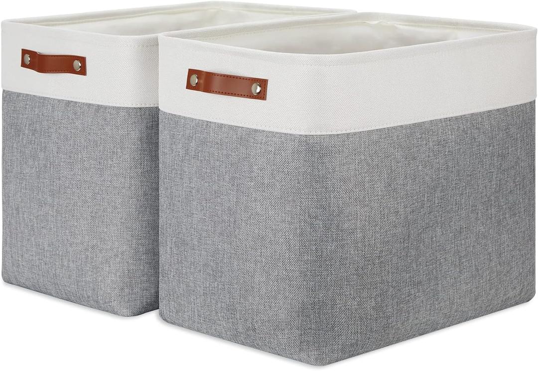 DULLEMELO Extra Large Storage Baskets, Fabric Storage Bins for Organizing Shelves Nursery Toys Books, Closet Baskets and Bins with Handles, White & Grey, 2-Pack