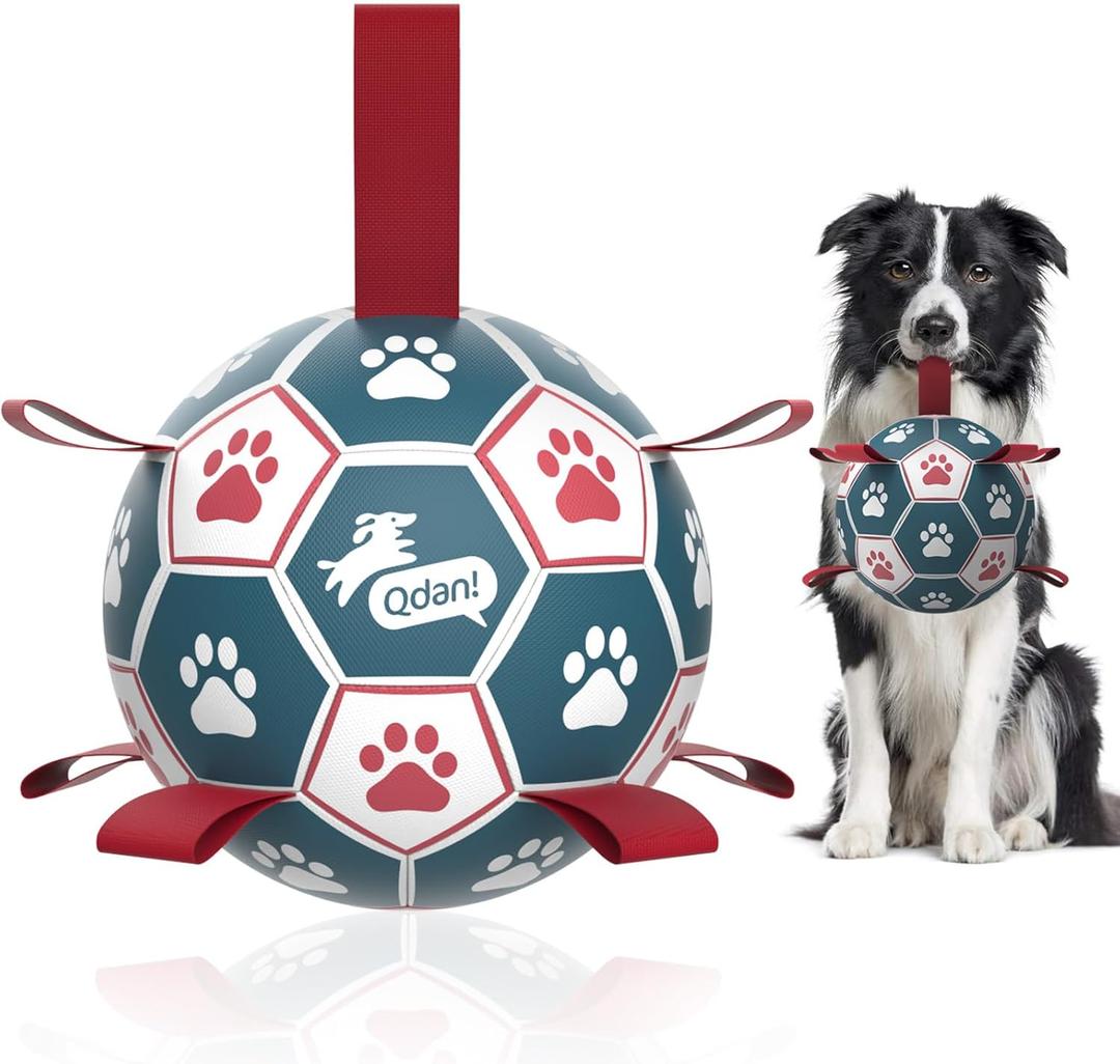 QDAN Premium Dog Balls Toys, Pet Training Soccer Ball with Straps, Puppy Birthday Gifts, Dog Water Toy, Durable Herding Balls for Small Medium Dogs, Pet Toys Puppy Ball (6 Inch) (Red-Blue)