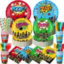 450 Pcs Hero Theme Tableware Set Decorations, Hero Action Themed Disposable Paper Plates Napkins Cups Cutlery Straws for Comic Birthday Baby Shower Party Supplies, Dinnerware Serves 50 (Colorful)