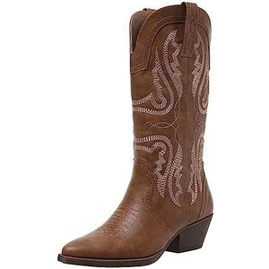 Cowboy Boots for Women Cowgirl Mid Calf Western Boots Embroidered Stitched Pointed Toe Chunky Block Heel Brown Red Black US5-11 (Brown, 7)