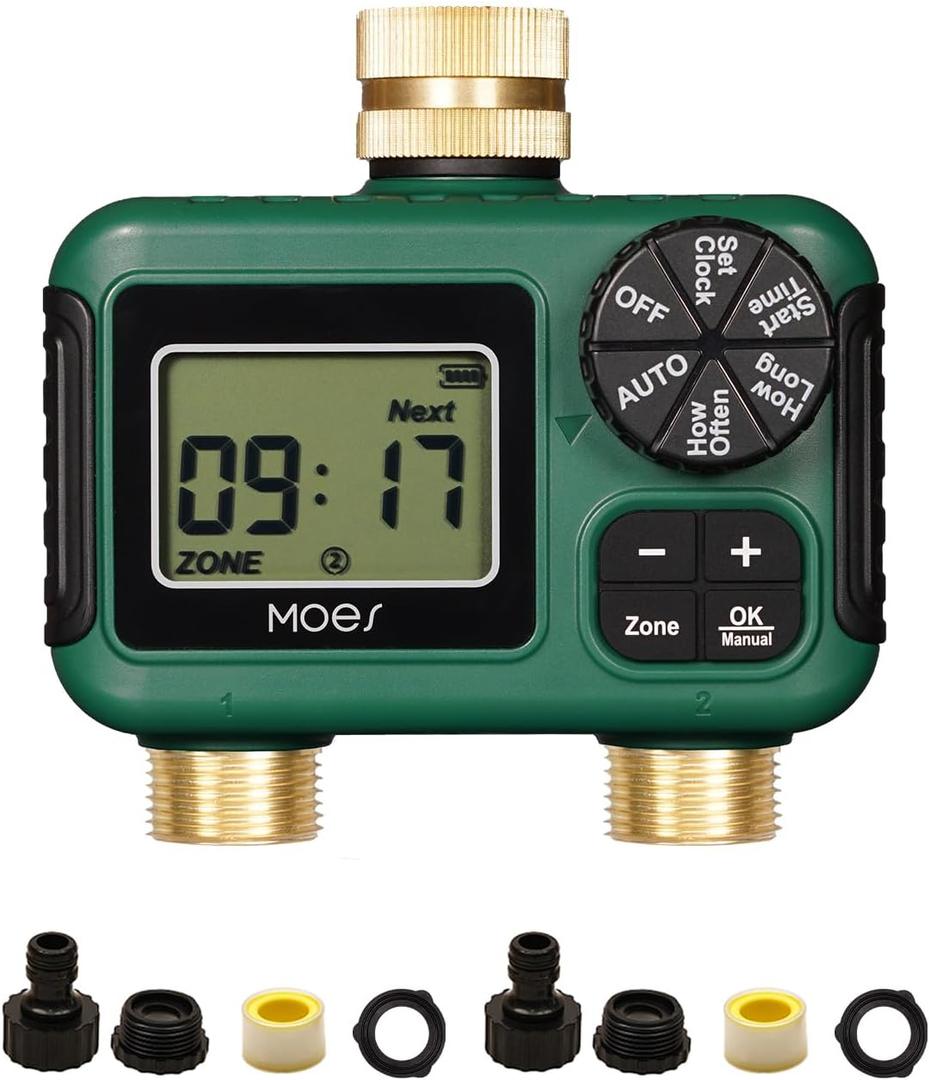 MOES 2 Outlet Sprinkler Timer, Brass Inlet & Outlet, Programmable Automatic Irrigation Controller, Rain Delay, Manual Watering, 2 Zone Water Hose Timer for Gardens, Lawns, and Hose Systems