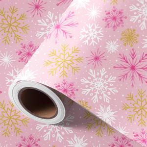 JarThenaAMCS Christmas Wrapping Paper -Mini Roll- 17in x 32.8Ft Gold Pink Xmas Snowflake Gift Wrap Paper for Christmas Holiday Party Wrapping Supplies