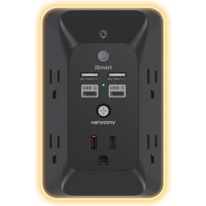 Black Multi Plug Outlet, HANYCONY Outlet Extender with 4 USB Ports (2 USB C) and Night Light, 1050J Surge Protector, Wall Mount, Outlet Splitter for Bathroom Kicthen Camper Dorm Room Essentials