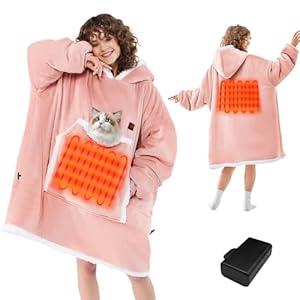 JOYWOO Wearable Heated Blanket Hoodie,Oversized Cordless Portable Heating Hooded Blanket Cat Lovers,Christmas Gifts for Women,Men,Mom,Cozy Sherpa Electric Blankets Throw for Adult Outdoor, Mellow Rose