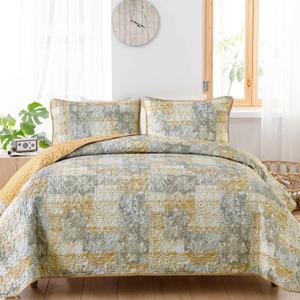 Mybedsoul Yellow Boho Quilt Set King Size 3 Pieces Grey and Yellow Plaid Floral Bedding Set Microfiber Lightweight Bohemian Patchwork Bedspread Coverlet Set for All Season 90"x104"