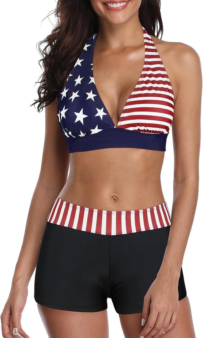 Bikini Swimsuit for Women Two Piece Swimsuits Halter Bikini Set with Boyshort Athletic Bathing Suit Pink Blue American Flag L