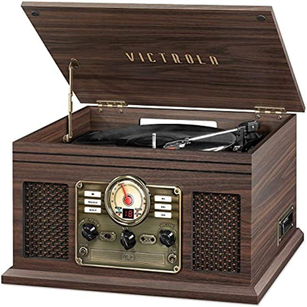 Victrola The Quincy 6-in-1 Bluetooth Record Player & Multimedia Center with Built-in Speakers  3-Speed Turntable, CD & Cassette Player, AM/FM Radio, Wireless Music Streaming (Espresso)