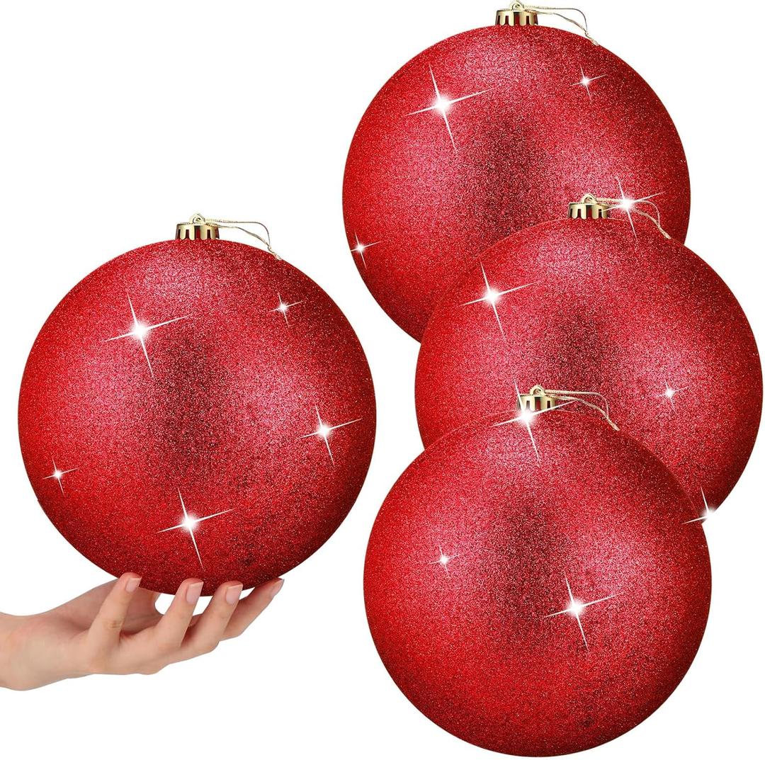 4 Pcs Extra Large Christmas Ball Ornaments Glitter 8'' (200 Mm) Giant Oversized Plastic Xmas Ball Big Hanging Christmas Tree Ornaments for Holiday Party Outdoor Decor(Sequin Red)
