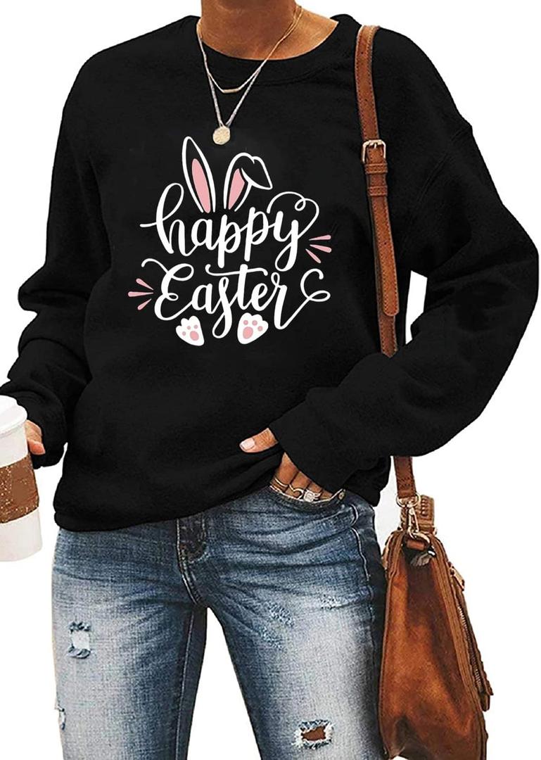 Ykomow Happy Easter Sweatshirt Women Long Sleeve Cute Bunny Rabbit Graphic Tees Pullover (X-Large, Black)