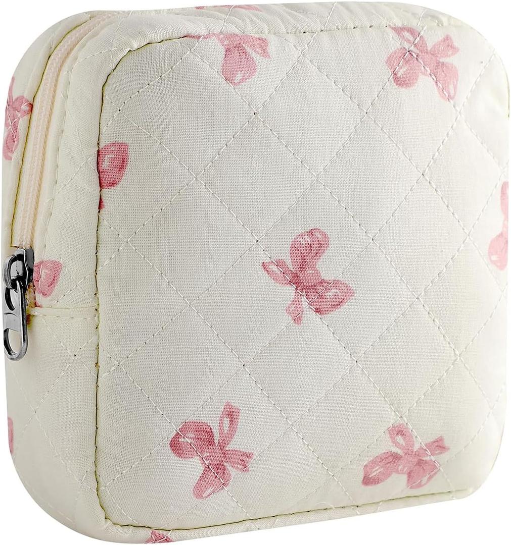 RSRSLEII Small Quilted Cosmetic Pouch for Purse, Mini Cotton Makeup Bag with Compartments, Cute Zipper Lipstick Holder for Women (03White Bow)