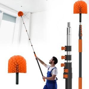 26FT Reach Cobweb Duster with Extension Pole - Spider Web Brush for Cleaning with 5-20FT 4-Section Flip-Lock Telescopic Pole, Effortlessly Cleans High Indoor & Outdoor Webs