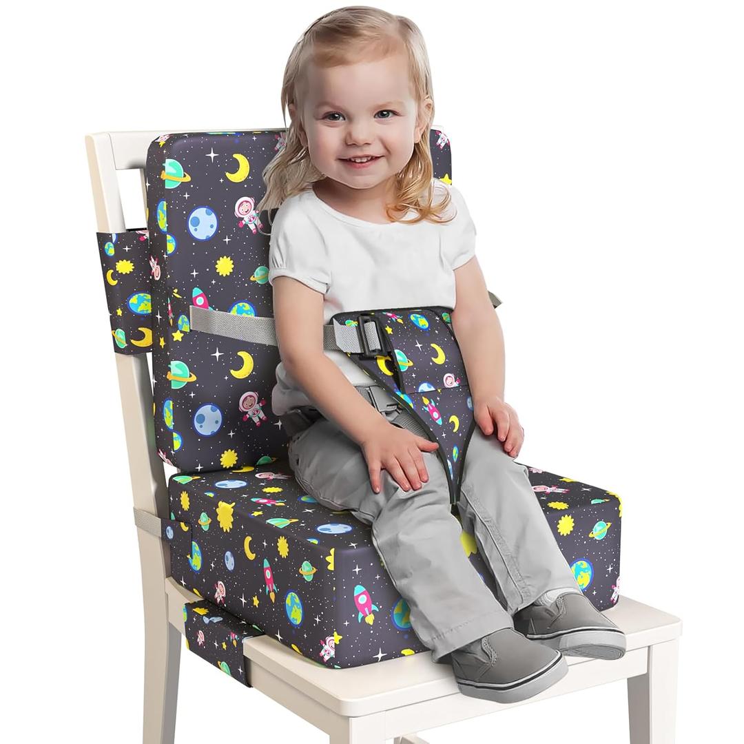 Booster Seat for Dining Table, Toddler Booster Seat for Dining Table with Safety Buckles, Anti-Scratch Easy Cleaning Toddler Seat for Table (Black-Astronaut)