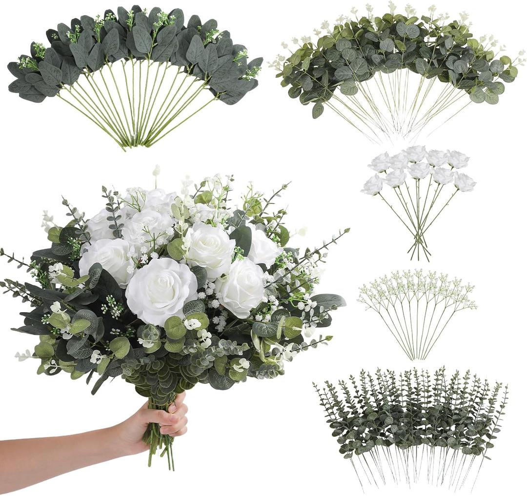 120 Pcs Mixed Artificial Eucalyptus Leaves Stems Bulk,Baby Breath Artificial Flowers Bulk with Eucalyptus Leaves Greenery Stems for DIY Bouquets Wedding Floral Home Decor (Green/White)
