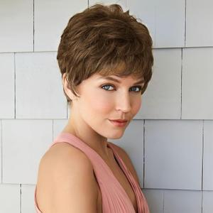 QUEENTAS Short Brown Pixie Wigs with Bangs Highlights Layered Cut Natural Curl Straight Synthetic Hair Wig for White Women (Chestnut Brown)