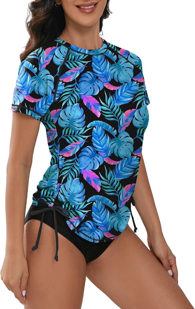 Bonneuitbebe Women's Short Sleeve Rash Guard Shirts UV Protection Swim Shirts UPF 50+ Lightweight Adjustable Tie Swimwear (Black, XL)