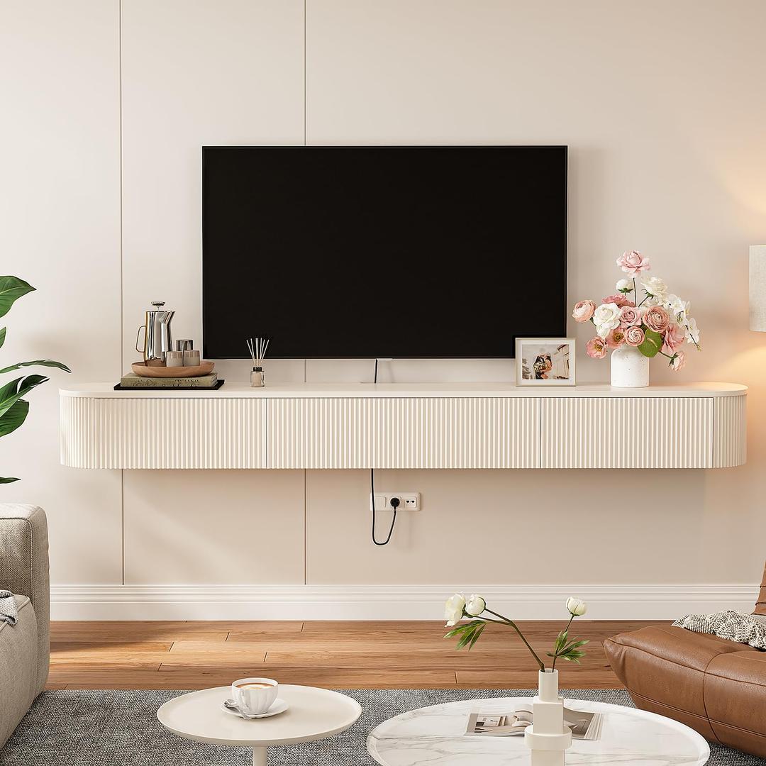 FloatiCasa Floating TV Stand with Drawers 94'',Wall Mount TV Stand,Floating Entertainment Center Shelf for Bedroom Living Room Under TV,Fully Assembled,Off-White