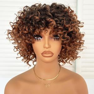 Charming cascade Short Kinky Curly Wig with Bangs, Ombre Brown Loose Curly Bob Wig, 6 Inch Synthetic Heat Resistant Bouncy Curls, Full Wig for African American