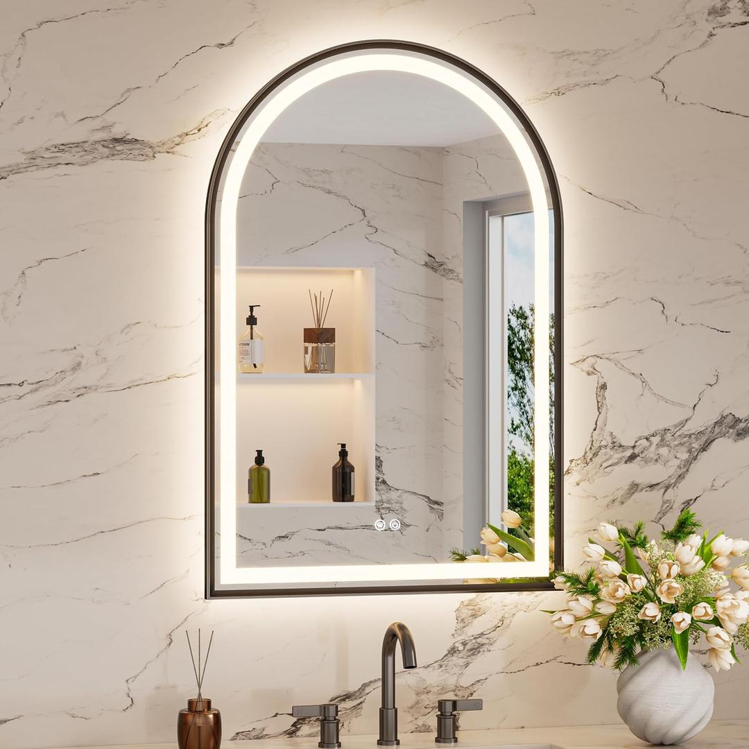 Keonjinn 24x36 Inch Black Arched Bathroom Mirror with Lights, Arch Mirror