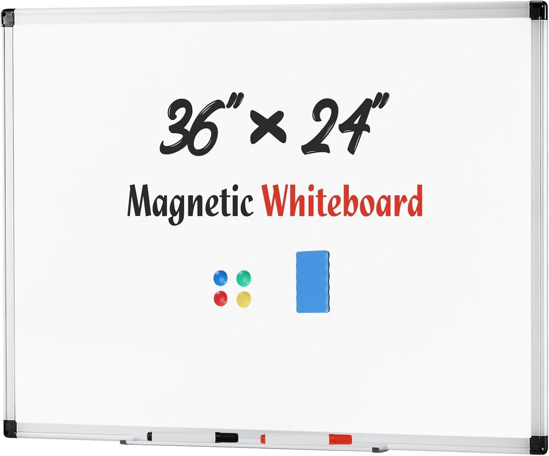 Magnetic Dry Erase Board & Whiteboard, 35.8 X 24 Inches, Silver Aluminum Frame, Comes with 1 Dry Eraser, 2 Dry Erase Markers 1 Pen Tray & 4 Push Pin Magnets