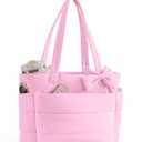 CTWWFS Puffer Tote Bag for Women, Quilted Bow Tote Bag with Cup Holder & 15.6 In Laptop Compartment, Lightweight Puffy Shoulder Bag with Zipper for Work, Travel, Gym, College (Dark Pink)