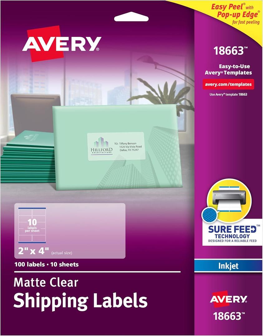 Avery Printable Shipping Labels with Sure Feed, 2" x 4", Matte Clear, 100 Blank Mailing Labels (18663)