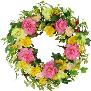 YNYLCHMX 18" Spring Summer Wreaths for Front Door, Artificial Floral Wreath with Peony and Eucalyptus Leaves, Green Foliage Wreath for Wall Window Farmhouse Party Holiday Home Decor