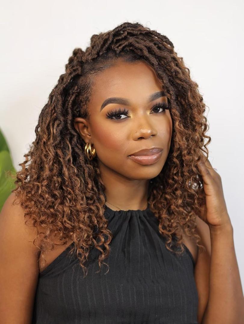 8 Packs New Goddess Locs Crochet Hair 12inch Omber River Faux Locs Curls Crochet Hair Boho Faux Locs Wavy Crochet Curly Hair with Curly Ends Synthetic Hair(12" 8Packs T1B/30#)